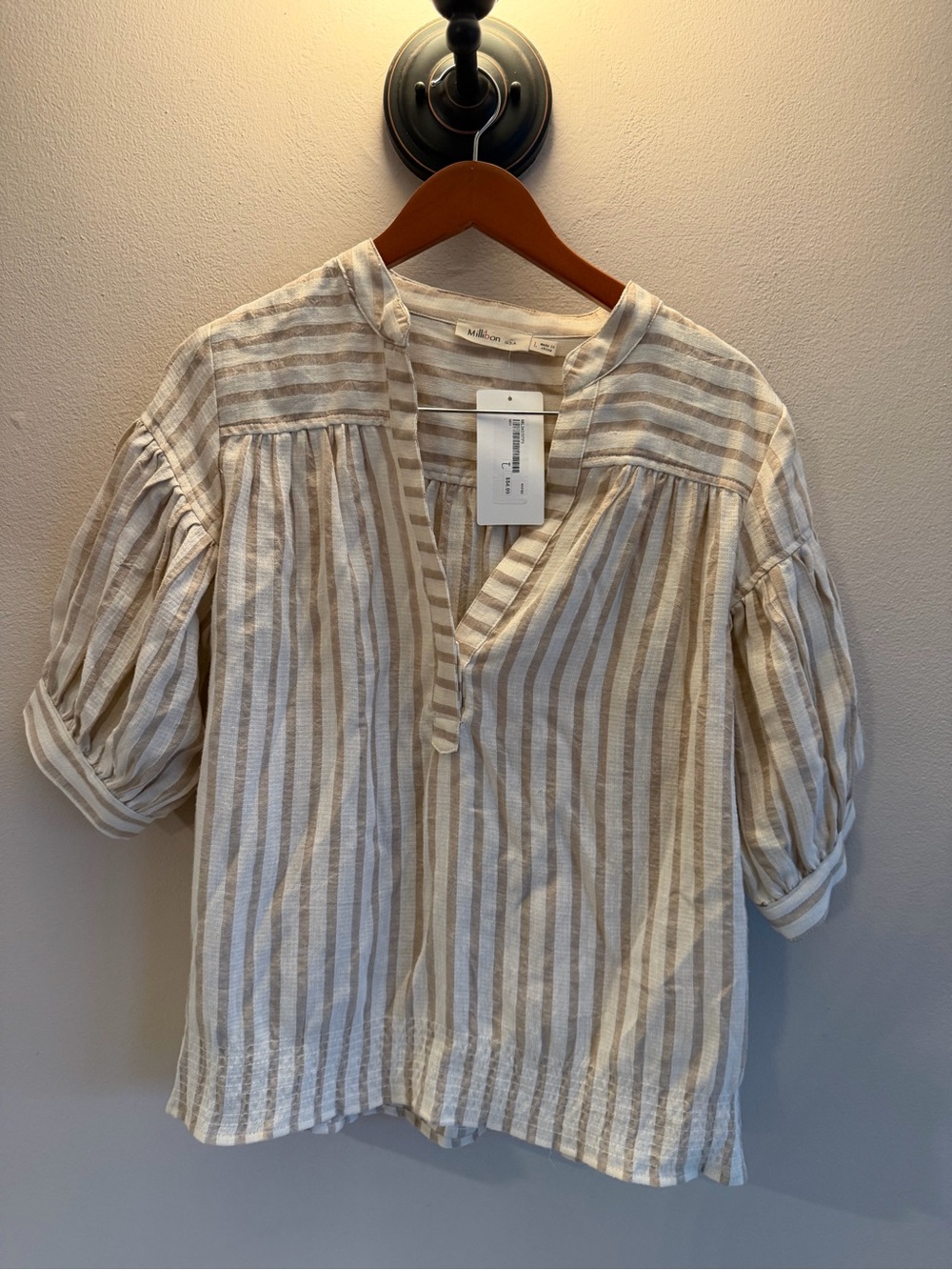 Millibon USA Tan White Striped Puff Sleeve Smocked Hem Blouse Large MIL34070TP3